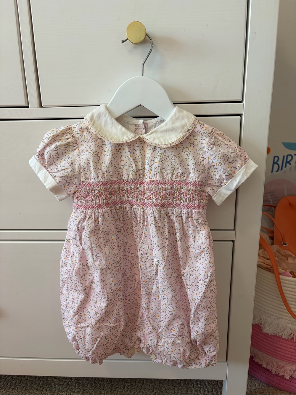 Rachel Riley Baby 18M Pink Floral Romper Smocked White Collar London